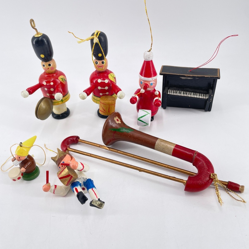 Vintage Wooden Christmas Ornament Music Set Druns Symbols Piano Trombone Taiwan